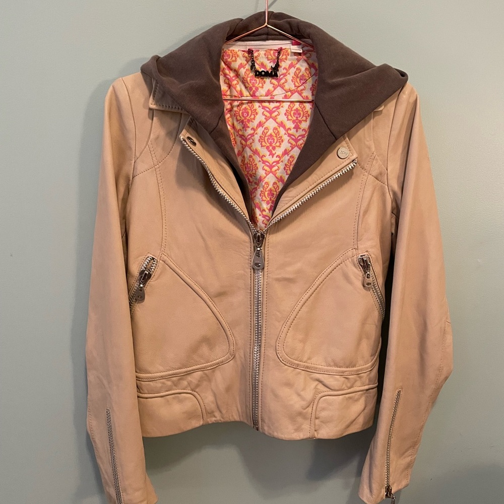 DOMA Free People leather cropped moto jacket with detachable hood